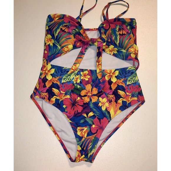 Shein Swimsuit 0XL Size 12 Cut Out Tropical Print One Piece - Picture 1 of 6